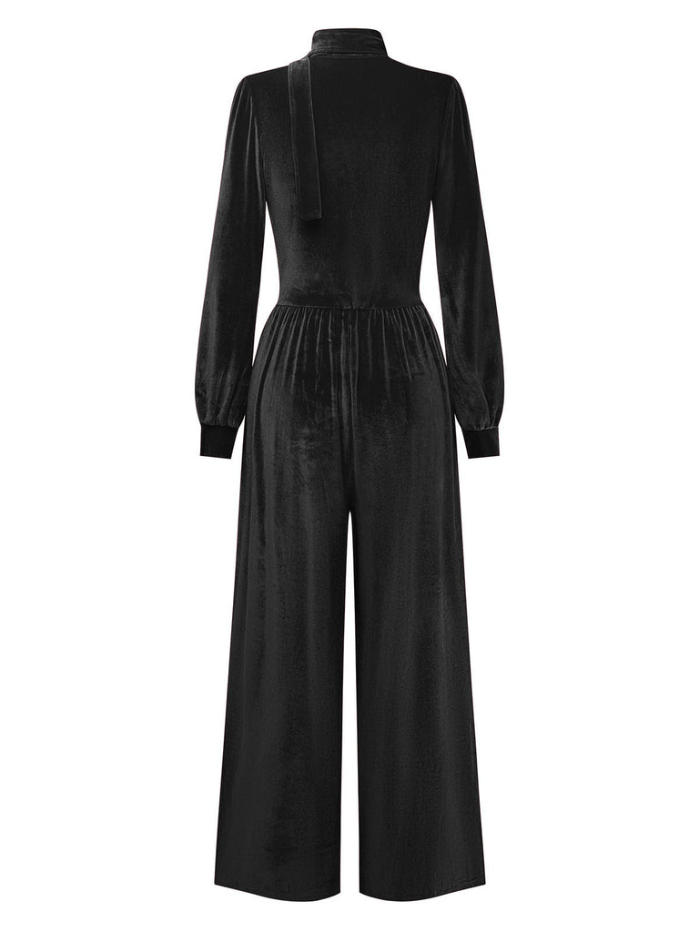 1950er Solide Schlüsselloch Hoher Hals Samt Jumpsuit