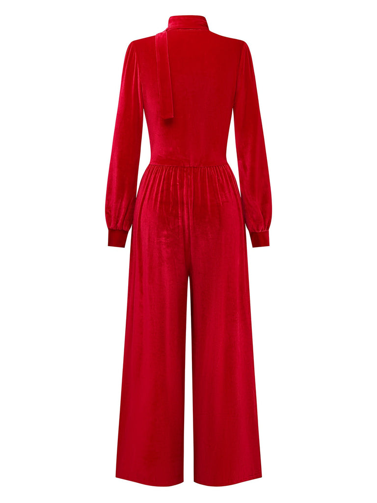 1950er Solide Schlüsselloch Hoher Hals Samt Jumpsuit