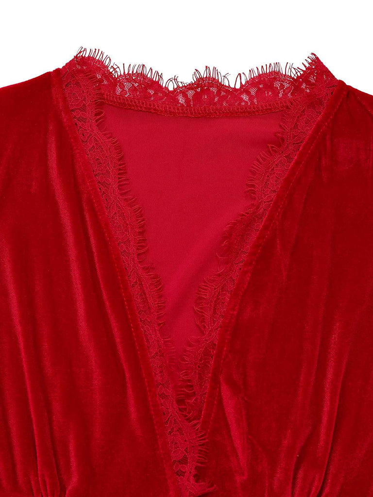 1950er Solide Schlüsselloch Hoher Hals Samt Jumpsuit