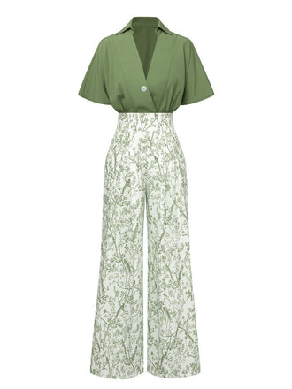 2PCS 1930er Dolman-Ärmel Revers Bluse & Blumen Hosen