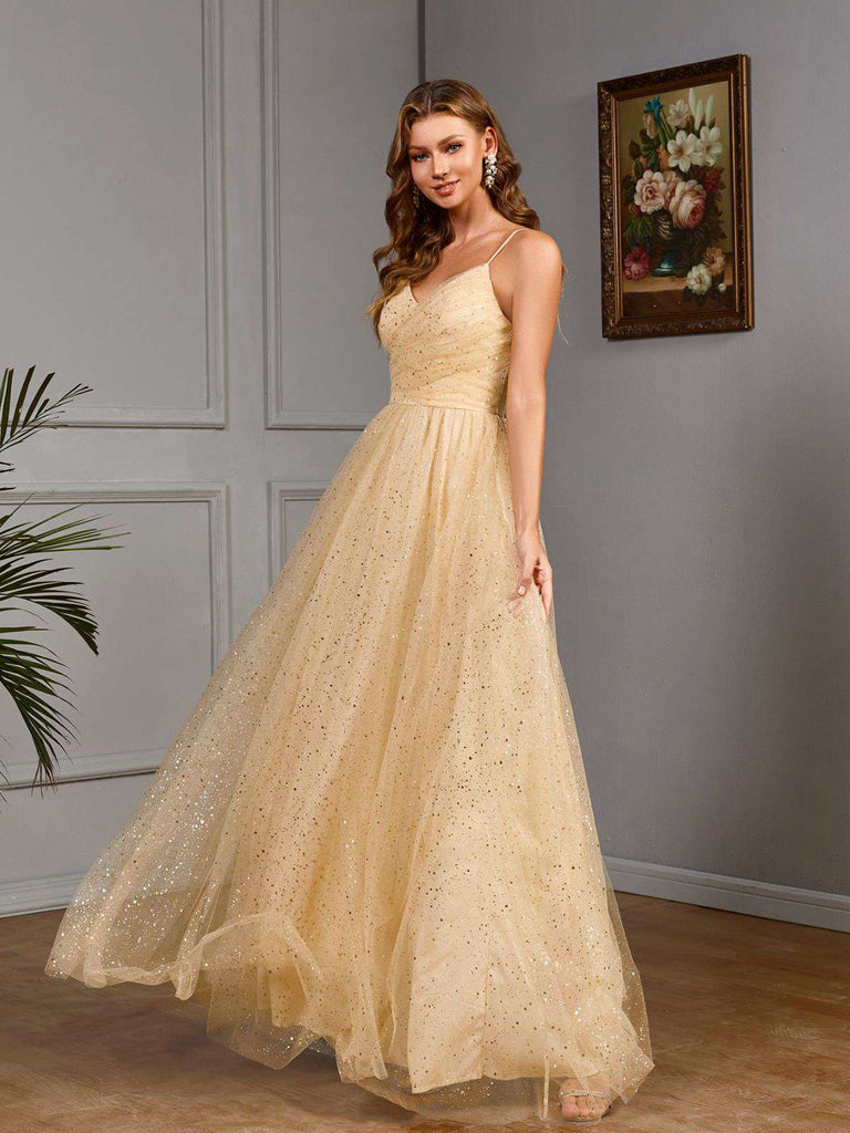 Gold 1930er Hochzeit Pailletten V-Ausschnitt Netz Kleid