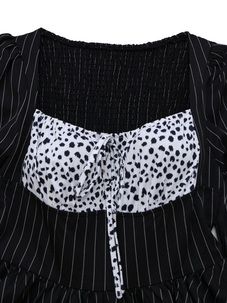 Schwarz 1950er Leopard Vertikal Streifen Taille Kleid