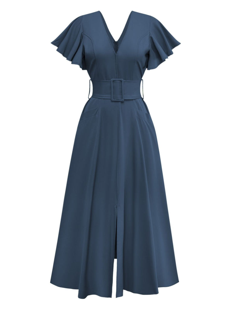 1940er Solide Ausgestellte Ärmel Tief V-Ausschnitt Gürtel Kleid