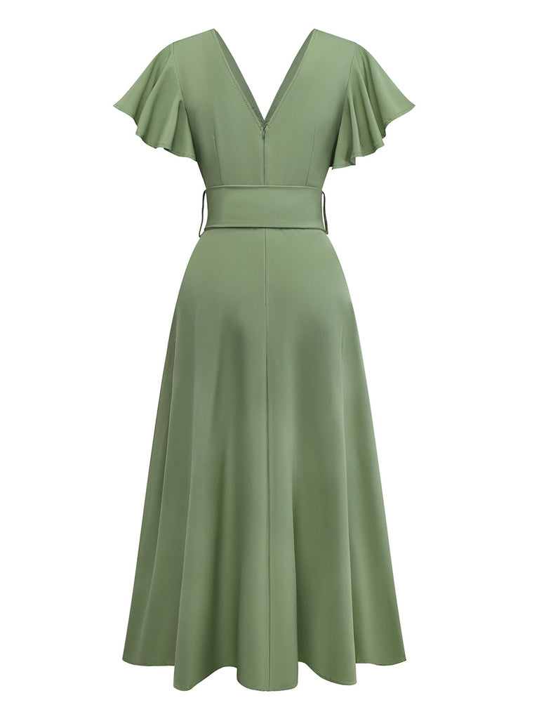 1940er Solide Ausgestellte Ärmel Tief V-Ausschnitt Gürtel Kleid