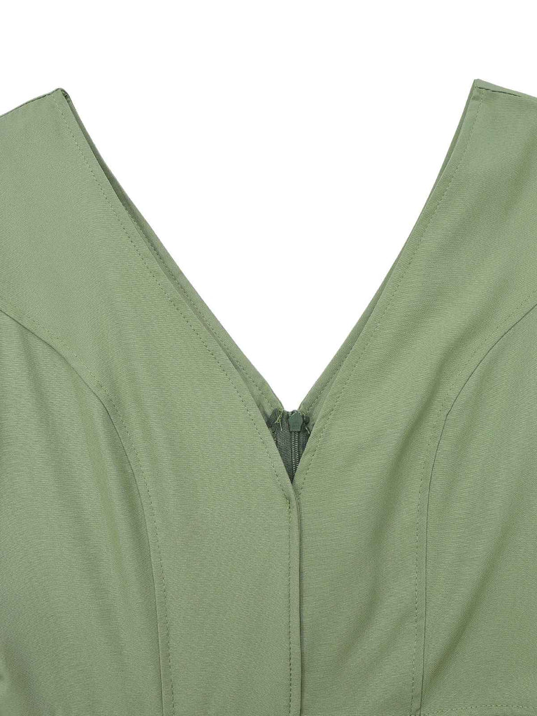 1940er Solide Ausgestellte Ärmel Tief V-Ausschnitt Gürtel Kleid