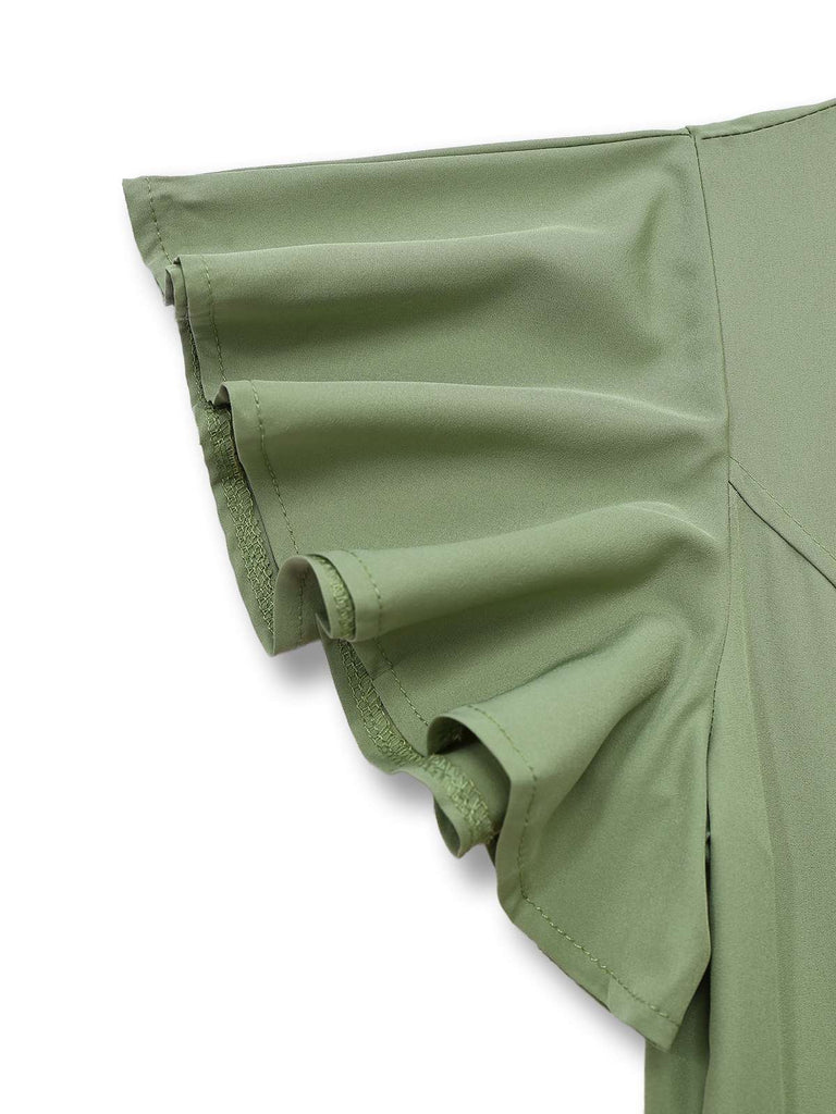 1940er Solide Ausgestellte Ärmel Tief V-Ausschnitt Gürtel Kleid