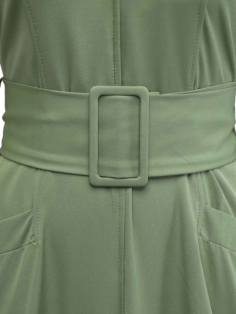 1940er Solide Ausgestellte Ärmel Tief V-Ausschnitt Gürtel Kleid