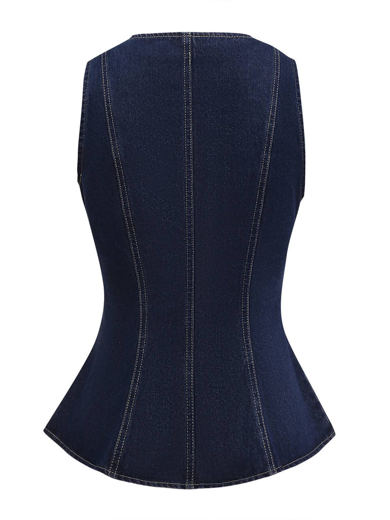 Blau 1950er Quadratischer Hals Tasteed Denim Weste