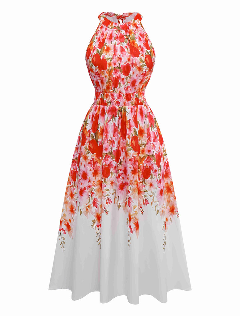 Rot 1940er Blumen Rundhals Halter Kleid