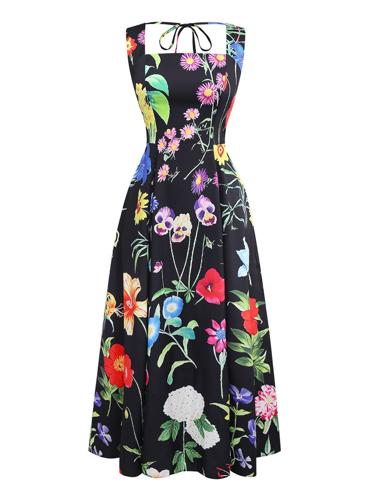 Schwarz 1930er Quadratischer Hals Blumen Maxi Kleid