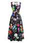Schwarz 1930er Quadratischer Hals Blumen Maxi Kleid