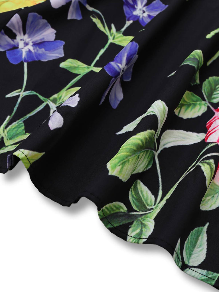 Schwarz 1930er Quadratischer Hals Blumen Maxi Kleid