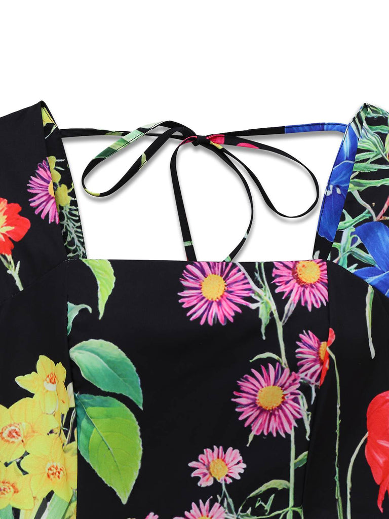 Schwarz 1930er Quadratischer Hals Blumen Maxi Kleid