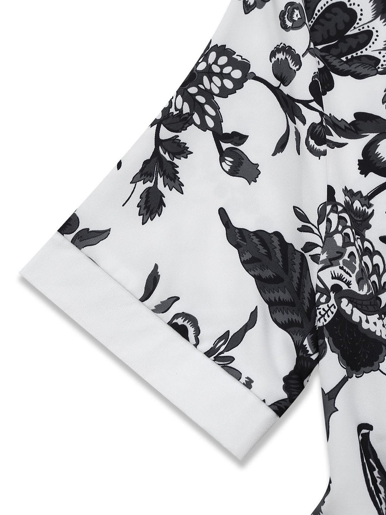 Schwarz 1940er Pflanzen Blumen Hemdkragen Gürtel Kleid