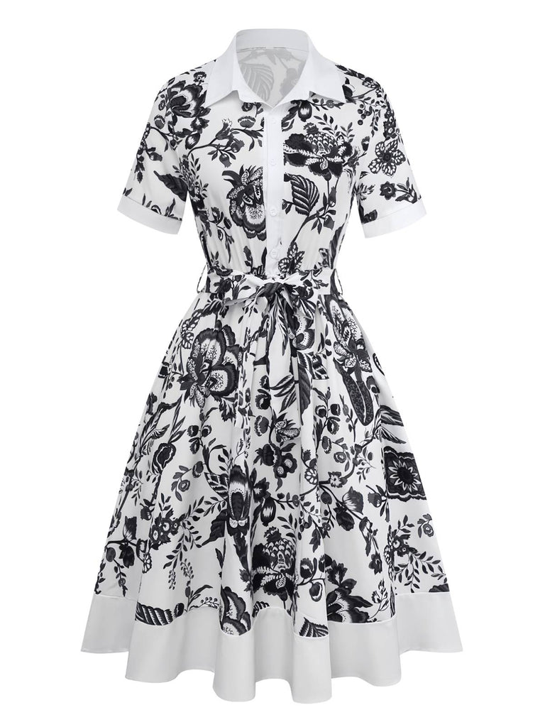 Schwarz 1940er Pflanzen Blumen Hemdkragen Gürtel Kleid
