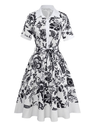 Schwarz 1940er Pflanzen Blumen Hemdkragen Gürtel Kleid
