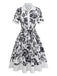 Schwarz 1940er Pflanzen Blumen Hemdkragen Gürtel Kleid