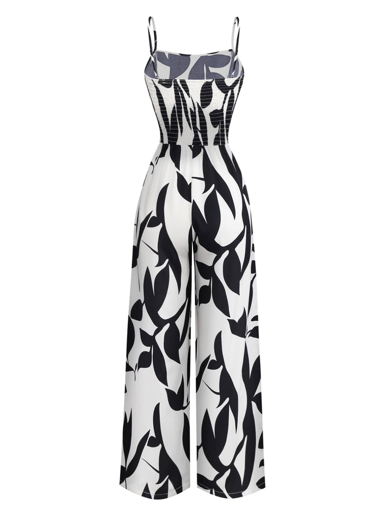 Schwarz 1930er Blätter Silhouette Spaghetti Träger Jumpsuit