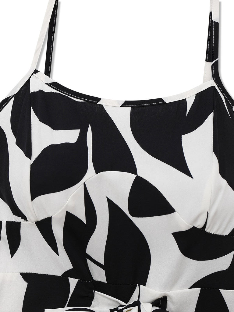 Schwarz 1930er Blätter Silhouette Spaghetti Träger Jumpsuit