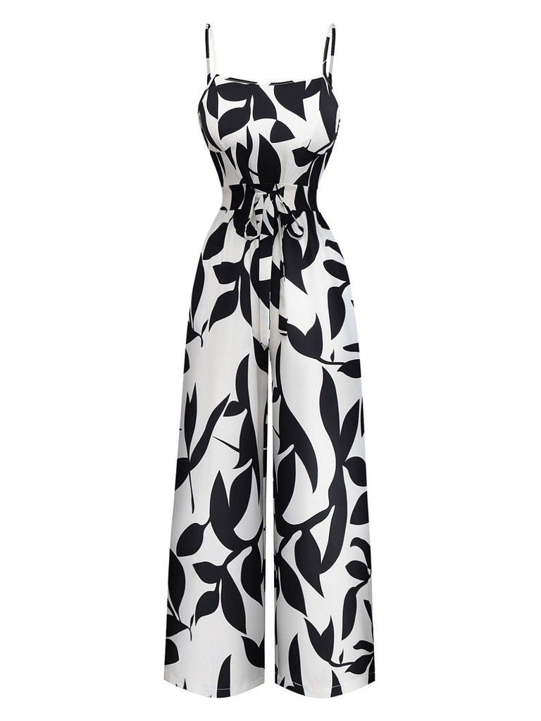 Schwarz 1930er Blätter Silhouette Spaghetti Träger Jumpsuit