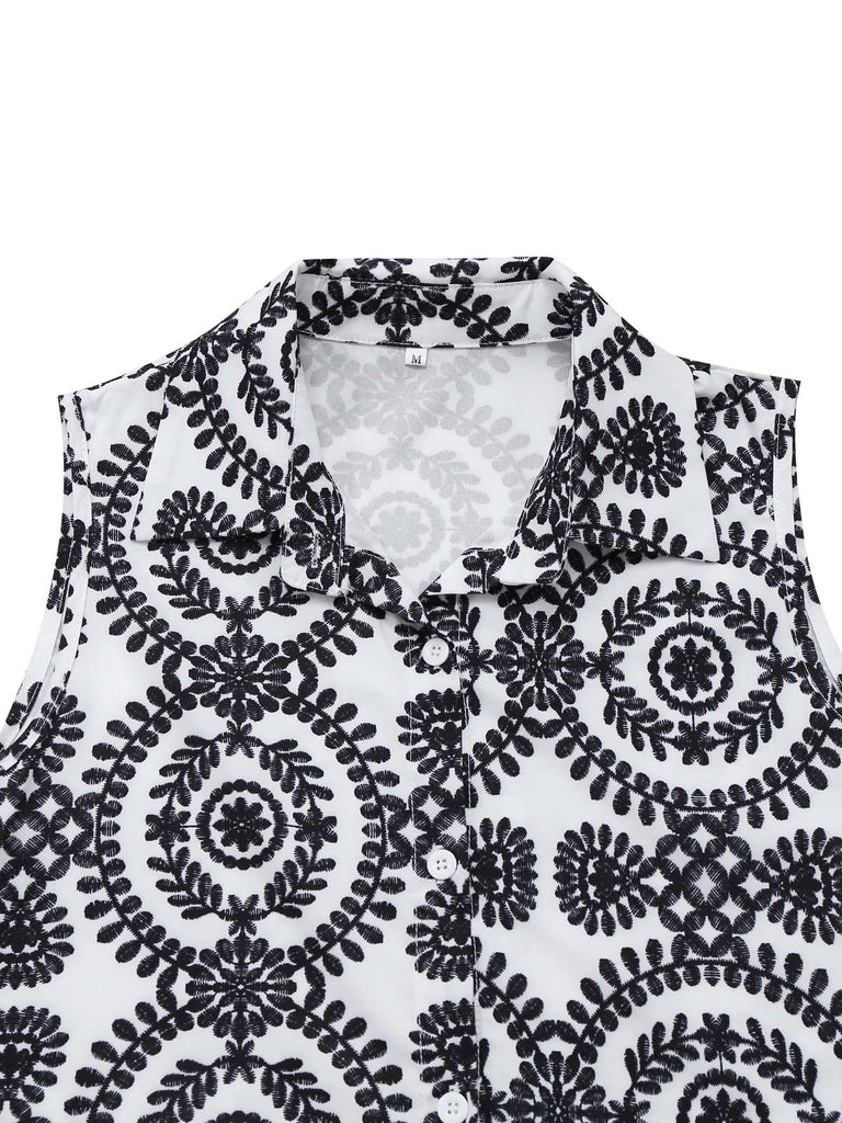 Schwarz 1940er Revers Bindegürtel Blumen Ärmellos Kleid