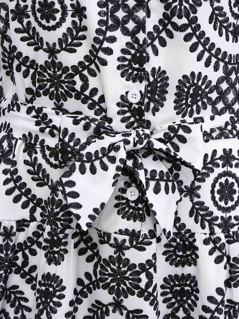 Schwarz 1940er Revers Bindegürtel Blumen Ärmellos Kleid