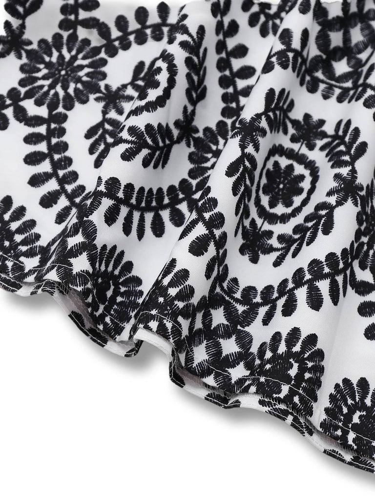 Schwarz 1940er Revers Bindegürtel Blumen Ärmellos Kleid