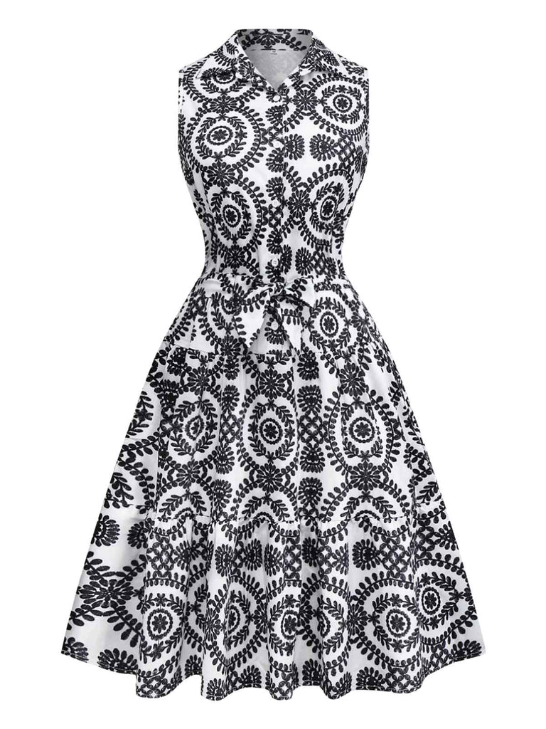 Schwarz 1940er Revers Bindegürtel Blumen Ärmellos Kleid