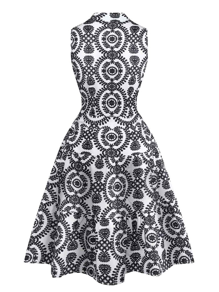 Schwarz 1940er Revers Bindegürtel Blumen Ärmellos Kleid