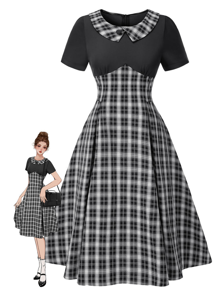 Schwarz 1950er Revers Plissiertes Plaid Patchwork Kleid