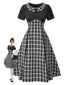 Schwarz 1950er Revers Plissiertes Plaid Patchwork Kleid