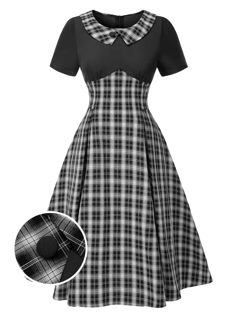 Schwarz 1950er Revers Plissiertes Plaid Patchwork Kleid