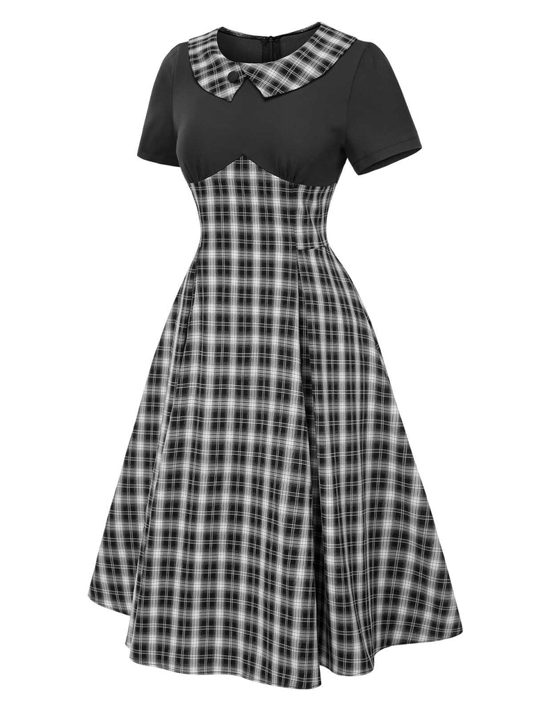 Schwarz 1950er Revers Plissiertes Plaid Patchwork Kleid