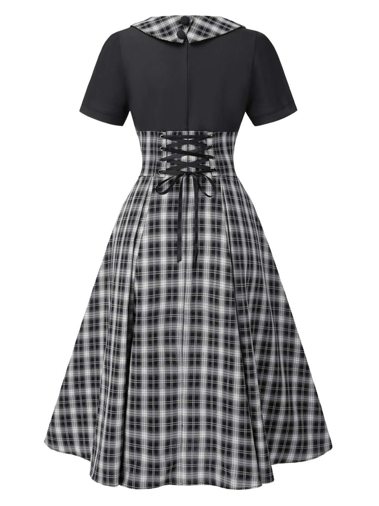 Schwarz 1950er Revers Plissiertes Plaid Patchwork Kleid