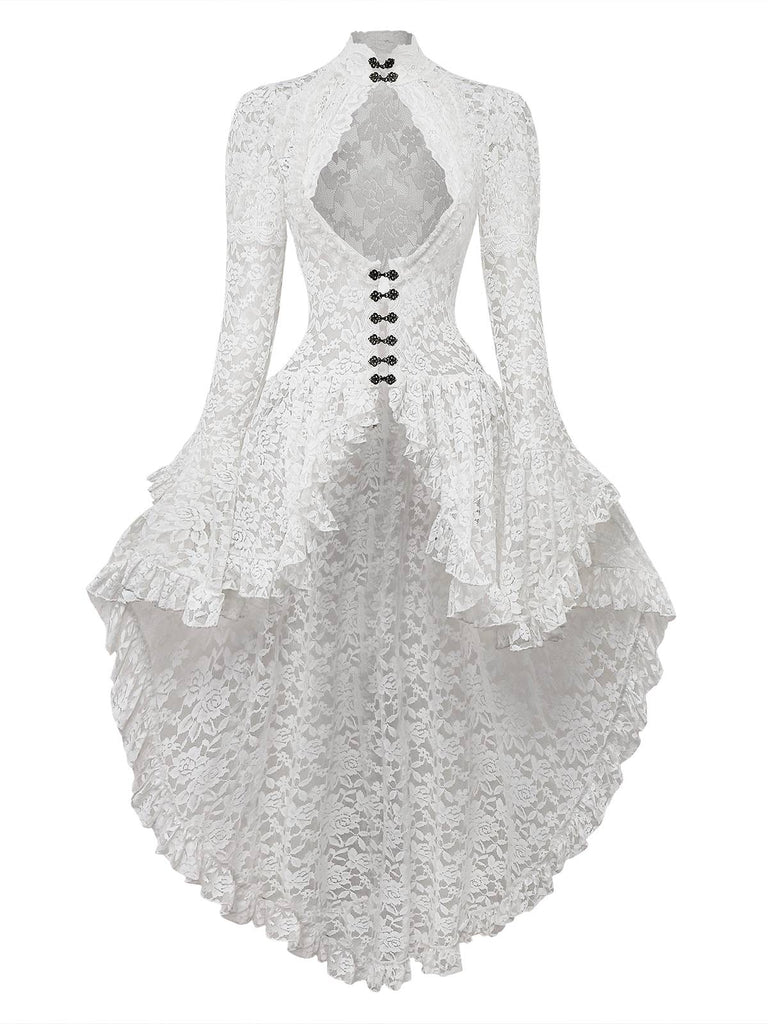 Weiß 1980er Gigot-Ärmel Viktorianisch Spitze Kleid