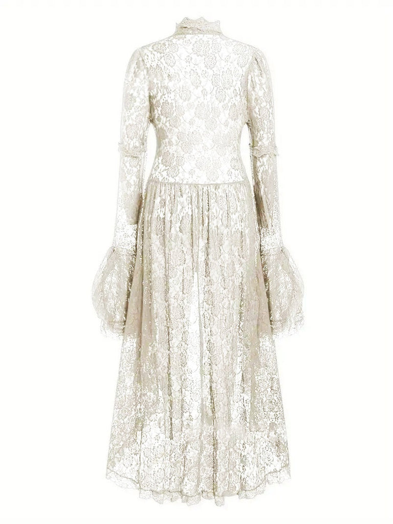 Schwarz 1980er Gigot-Ärmel Viktorianisch Spitze Kleid