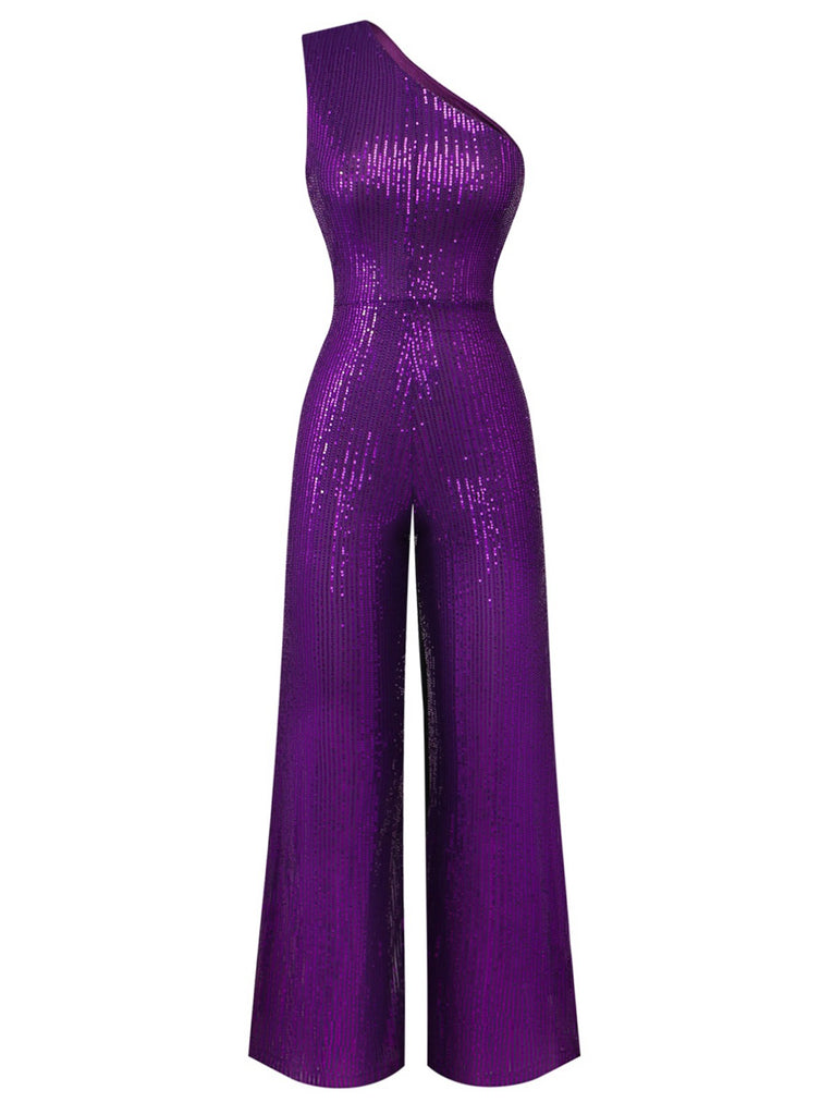 Lila 1970er Paillette Eine Schulter Jumpsuit