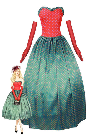 Grün 1930er Grinch Martha Cosplay Polka Dot Trägerlos Kleid