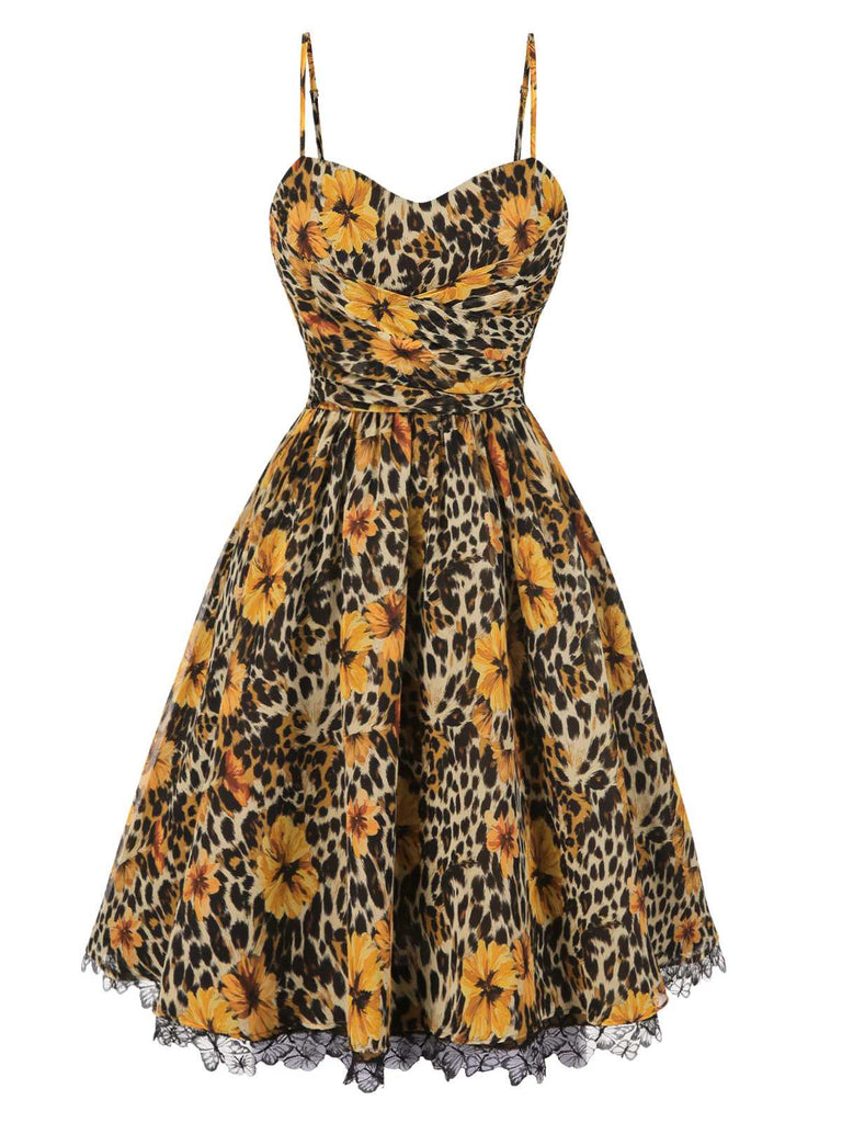 1950er Slip Leopard Sonnenblume Schmetterlinge Spitze Kleid