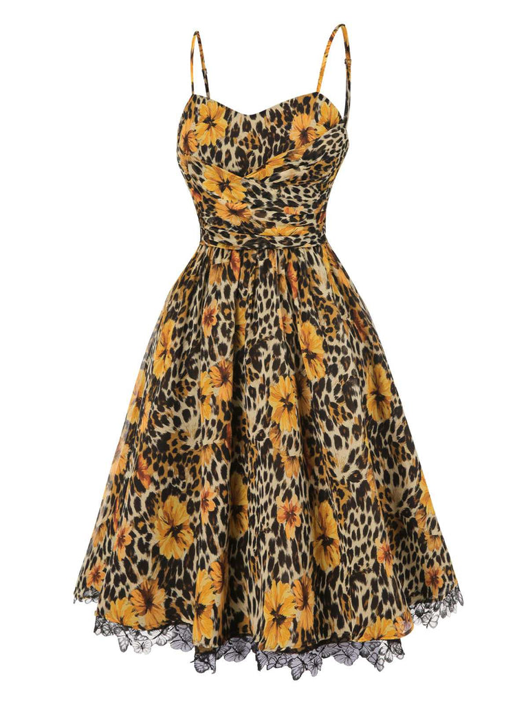 1950er Slip Leopard Sonnenblume Schmetterlinge Spitze Kleid