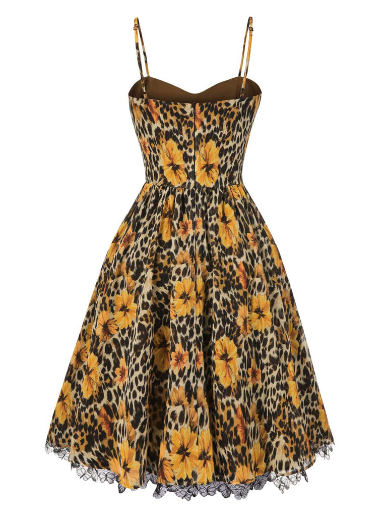 1950er Slip Leopard Sonnenblume Schmetterlinge Spitze Kleid