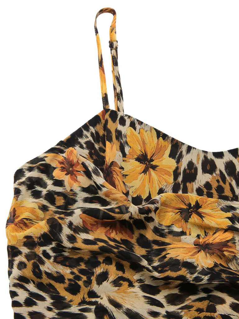 1950er Slip Leopard Sonnenblume Schmetterlinge Spitze Kleid