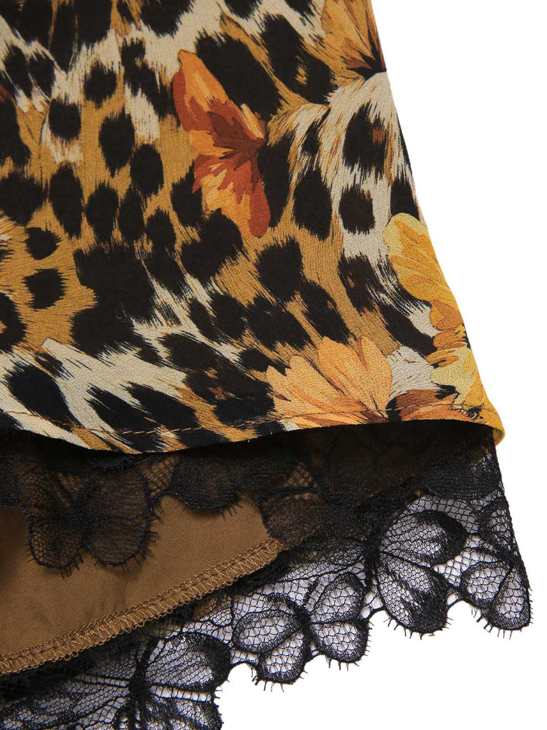 1950er Slip Leopard Sonnenblume Schmetterlinge Spitze Kleid