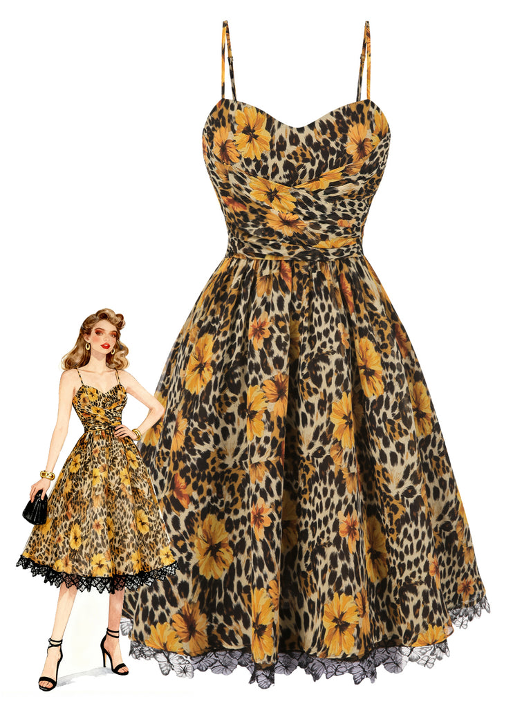 1950er Slip Leopard Sonnenblume Schmetterlinge Spitze Kleid