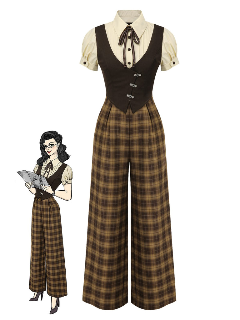 [Vorverkauf] Schwarz 1930er Gefälschte 3PCS Bogen Plaid Jumpsuit