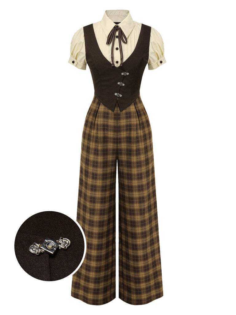 Braun 1930er Gefälschte 3PCS Bogen Plaid Jumpsuit