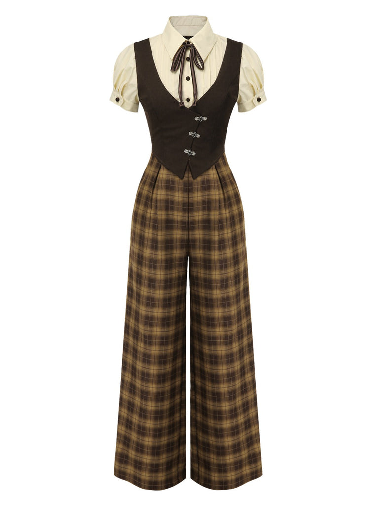 [Vorverkauf] Schwarz 1930er Gefälschte 3PCS Bogen Plaid Jumpsuit