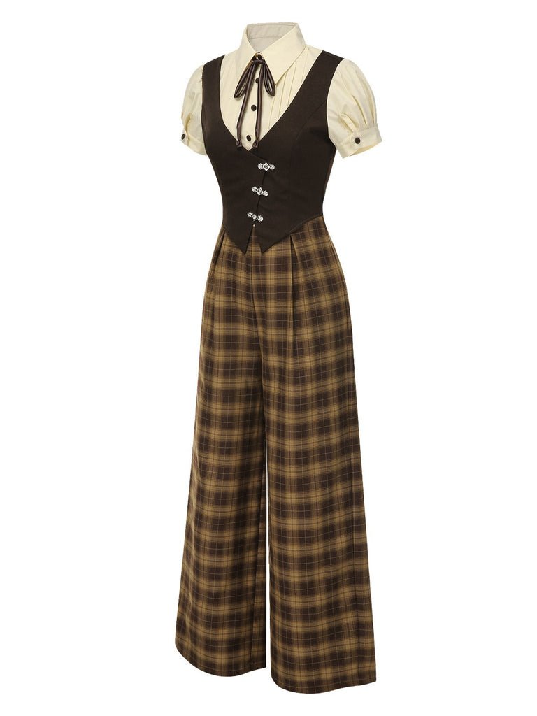 [Vorverkauf] Schwarz 1930er Gefälschte 3PCS Bogen Plaid Jumpsuit