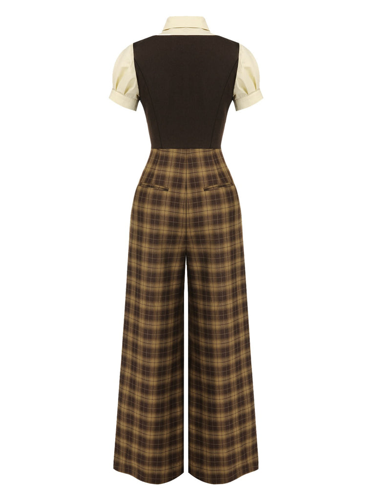 Braun 1930er Gefälschte 3PCS Bogen Plaid Jumpsuit