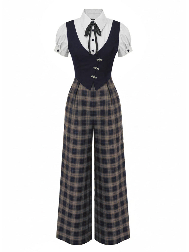 [Vorverkauf] Schwarz 1930er Gefälschte 3PCS Bogen Plaid Jumpsuit